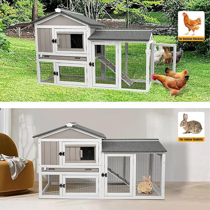 PetsCosset 57" L Rabbit Hutch Indoor and Outdoor 2-Story Rabbit Cage with Pull Out Tray,Fir Wood Guinea Pig Cages with Wooden Ramp,Waterproof Bunny Cage Indoor Bunny Hutch with Waterproof Roof,Grey