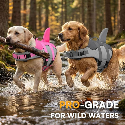 Dog Life Jacket Ripstop Shark Dog Safety Vest Adjustable Preserver with High Buoyancy and Durable Rescue Handle for Small,Medium,Large Dogs, Grey Shark Small