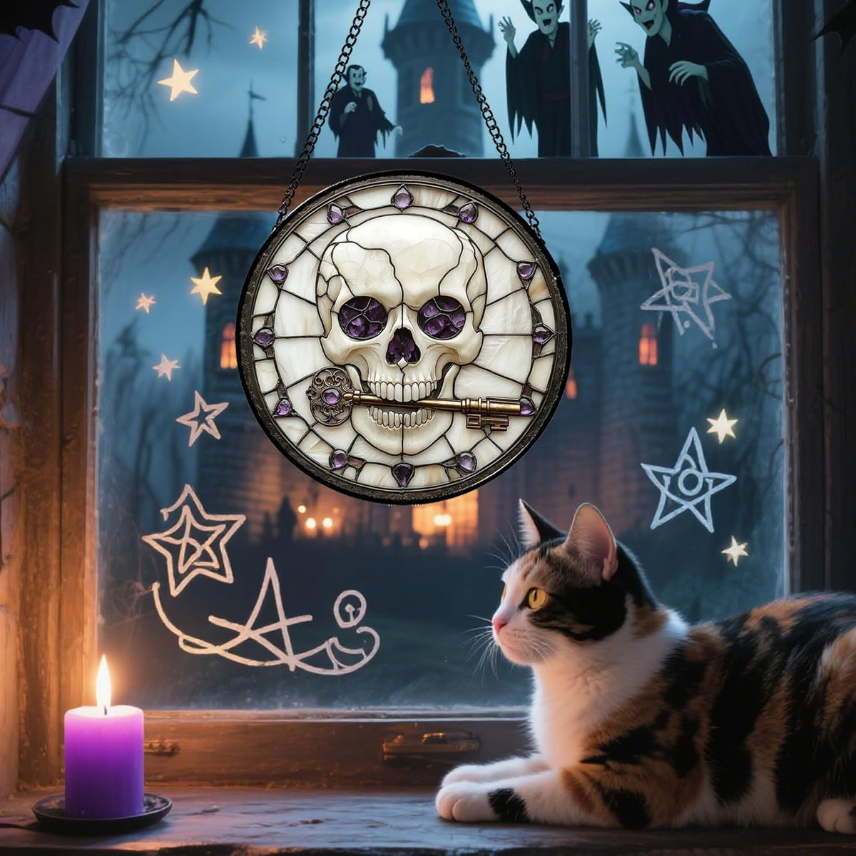 Stained Glass Window Hanging - Halloween Scary Skull Suncatcher for Doors Garden Home Spooky Purple Skeleton Key Sun Catchers Gothic Decor Horror Gifts for Women Men Friend Boy Girl 9.8 in