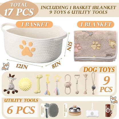 Zopeal 17 Pcs Summer Puppy Gift Set, Dog Toy & Essentials Bundle with Chew Toys, Poop Bag Dispenser, Grooming Brush, Training Bell, Blanket & Rope Basket(Beige,Sheep)