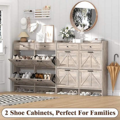 Shoe Cabinet with 4 Flip Drawers & 2 Storage Drawers, Rustic Farmhouse Narrow