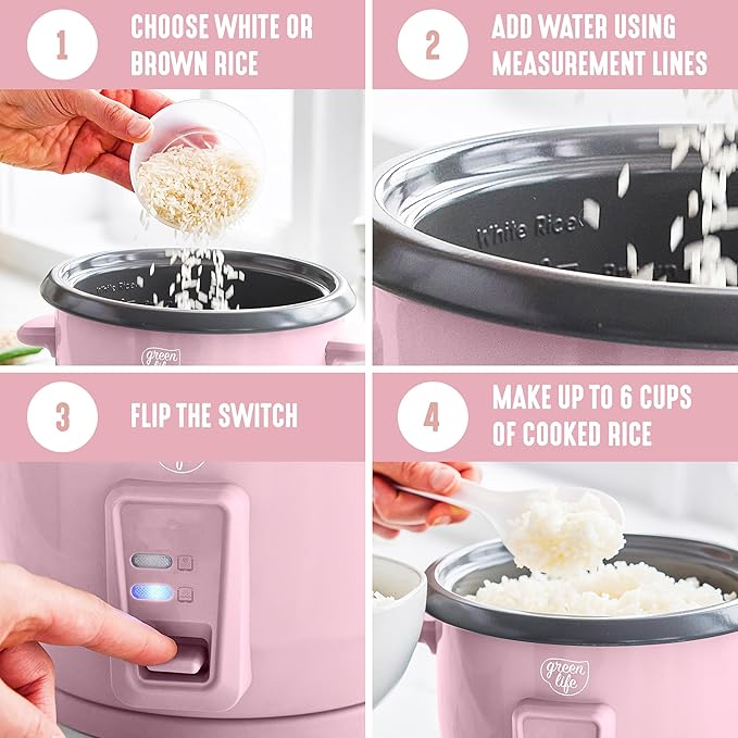 GreenLife Rice Cooker with Removable PFAS-Free Ceramic Nonstick Pot, 3-Cups