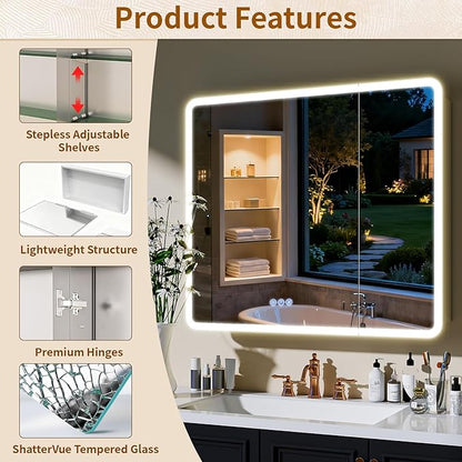 BEAUTYPEAK 36 x 32 LED Bathroom Medicine Cabinet Mirror, Adjustable Shelves