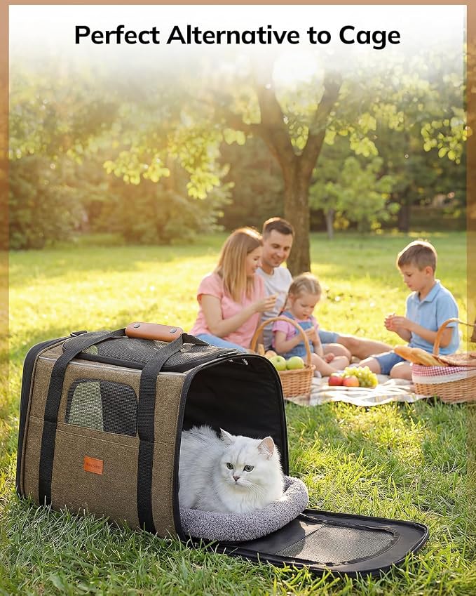 Morpilot Pet Carrier for Large Cats, Puppies & Small Dogs Up to 20lbs | Escape-Proof with Locking Zippers, Dual-Sided Cushion, Safety Buckle for Car & Vet Travel, Includes Foldable Bowl (Brown)