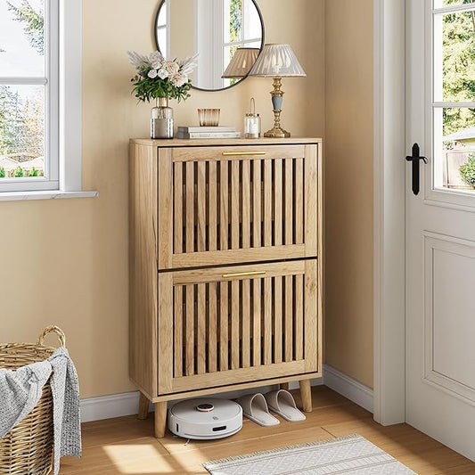 Shoe Cabinet with 2 Flip Slatted Drawers, Farmhouse Slim Shoe Organizer Rack