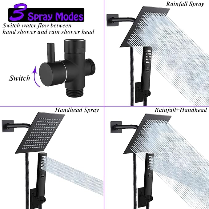 8"High Pressure Square Rain Shower Head and 2-in-1 Hand Shower.Equipped