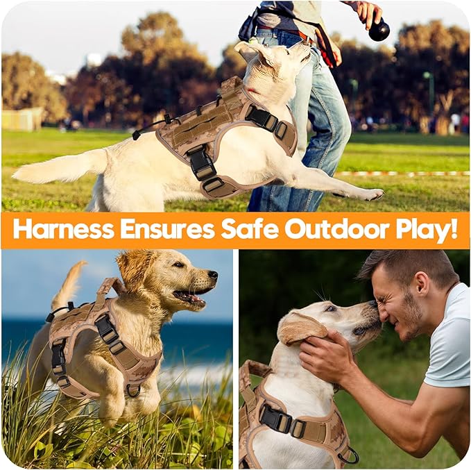 Heavy-Duty Tactical Dog Harness for Large Dogs, No Pull Adjustable Reflective Pet Vest with Molle System, K9 Military-Grade Control for Service Training, Outdoor & 10+ Breeds, Khaki Camo, Medium
