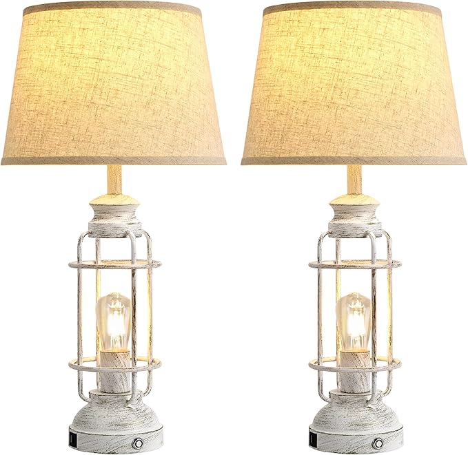 28" Table Lamps for Living Room Set of 2, 3 Way Dimmable Touch Lamps with USB A+C Ports,Farmhouse Table Lamps for Bedroom,Industrial Lamp for Living Room End Tables,4 Bulbs Included