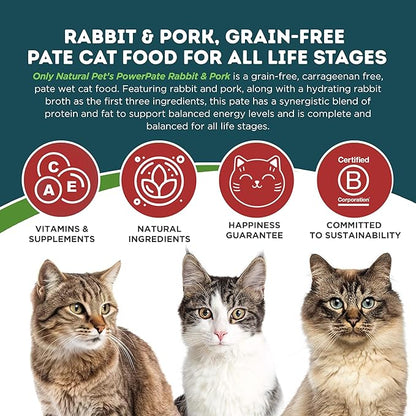 Only Natural Pet PowerPate Grain-Free Rabbit & Pork Wet Cat Food - High Protein, with Hydrating Broth - Healthy Balanced Nutrition for Kittens & Cats of All Life Stages, 2.75 oz Cans, Case of 12 (R)