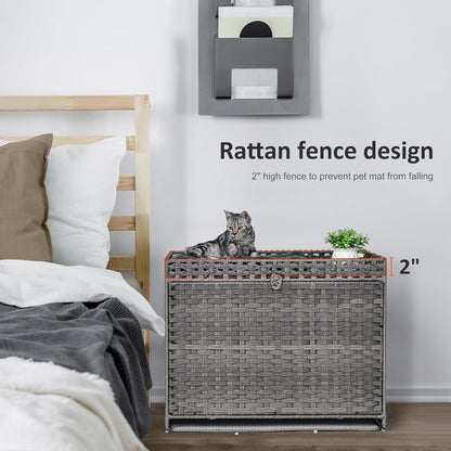 Cat Litter Box Enclosure with Soft Litter Mat; Hidden Kitten Washroom Furniture with Door; Handwoven Rattan Cat House with Large Space; Pet Crate for Living Room, Bedroom, Balcony (Grey)