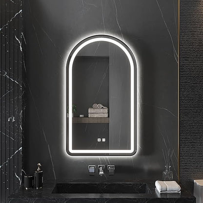 30x40 inch Black Tempered Glass LED Arched Mirror