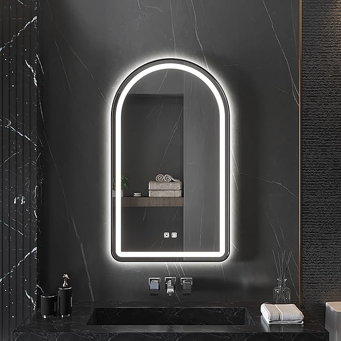 24x36 inch Black Tempered Glass LED Arched Mirror