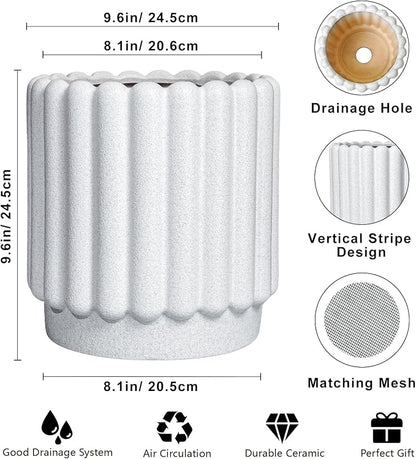 Ceramicfor Ceramic Plant Pot, 9.6 Inch, White | Drainage Hole, Round Flower Pot, Modern Fluted Design, Indoor & Outdoor Use