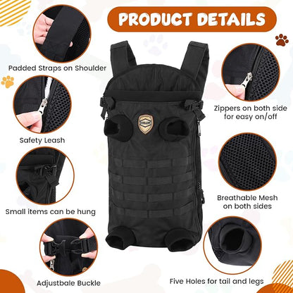 Dog Carrier Tactical Backpack for Medium Large 26-40lbs, Dog Soft Hands-Free Legs Out Pet Cat Front Carrier Backpack Facing Travel Bag for Outdoor Traveling Hiking Camping Bike(Black)