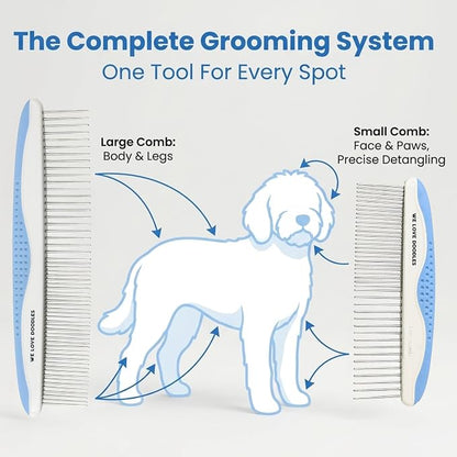 We Love Doodles Dog Grooming Comb Set & Large Dog Slicker Brush Bundle - Grooming Comb & Long Pin Brush for Dogs Kit - Removes Tangles & for Dematting - Brush for Shedding - Made in USA