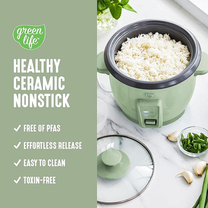 GreenLife Rice Cooker with Removable PFAS-Free Ceramic Nonstick Pot, 3-Cups