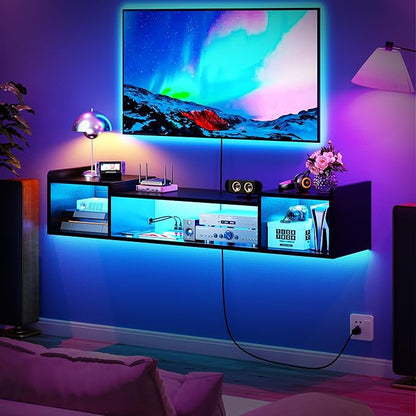 55.1"W Floating TV Stand with LED Lights & Power Outlets