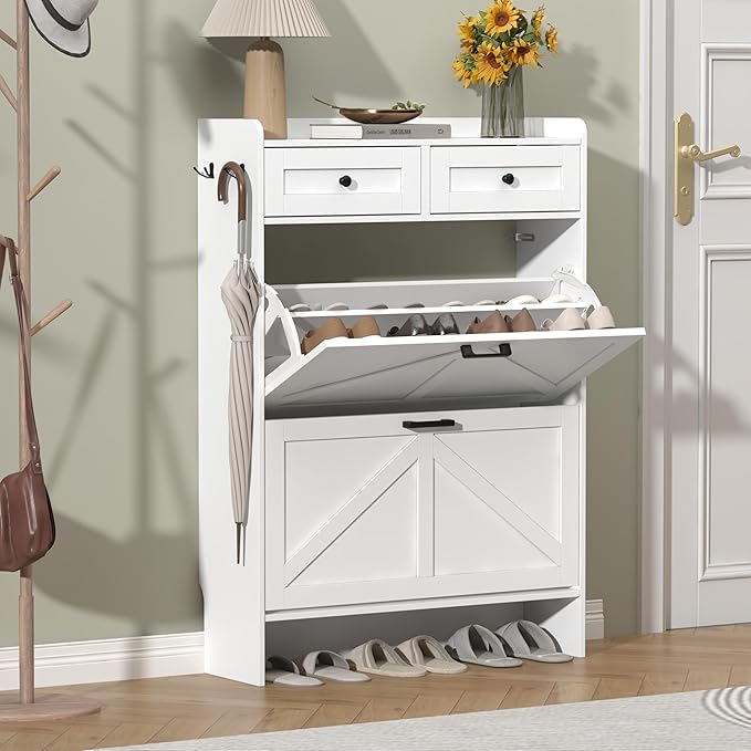 Shoe Cabinet with 2 Flip Drawers & 2 Storage Drawers, Rustic Farmhouse Narrow