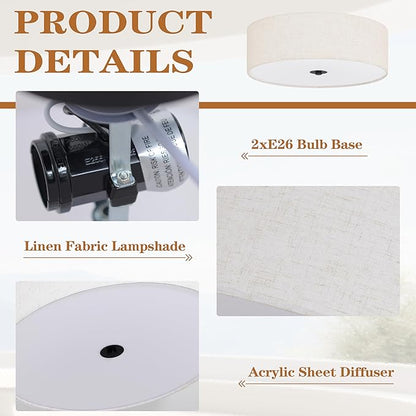 12.6 Inch Flush Mount Ceiling Light 2-Light Drum Modern Black Light Fixture Ceiling Light Fixture Close to Ceiling Light Fixture with Fabric Shade for Living Room Hallway Entryway Kitchen Bedroom
