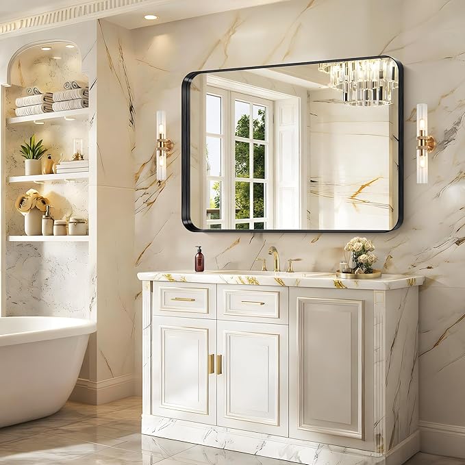 CIRCUMI Black Bathroom Mirror, Rounded Corner, Tempered Glass, Large Mirror