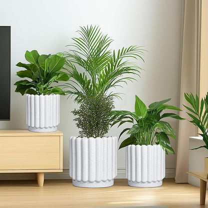 Ceramicfor Ceramic Plant Pot, 9.6 Inch, White | Drainage Hole, Round Flower Pot, Modern Fluted Design, Indoor & Outdoor Use