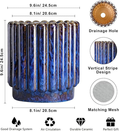 Ceramicfor Ceramic Planter, 9.6 Inch, Blue | Round Flower Pot, Drainage Hole, Large Fluted Modern Design, Indoor Outdoor Use