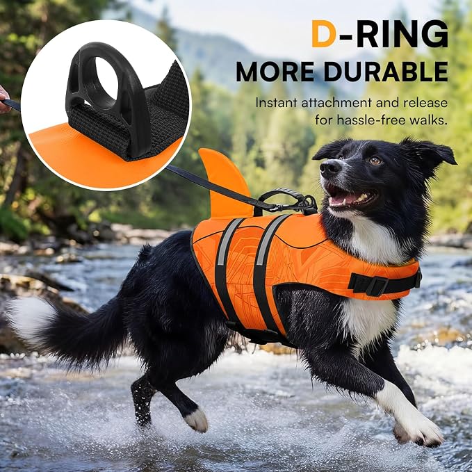 Dog Life Jacket High Flotation, Reflective Dog Life Vest for Swimming, Adjustable Dogs Life Preserver Rescue Handle Spring Summer Pool for Small, Medium, Large Dogs (OrangeLines,S)