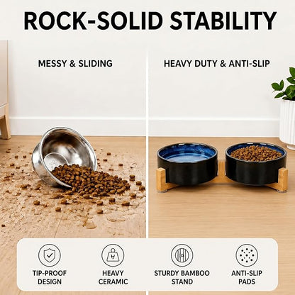 SPUNKYJUNKY Ceramic Dog and Cat Bowl Set with Wooden Stand, Modern Cute Weighted Food Water Set for Small Size Dogs (13.5OZ) & Medium Sized Dogs (28.7OZ) & Cats (1.7 Cups, 2 × Starry Blue)