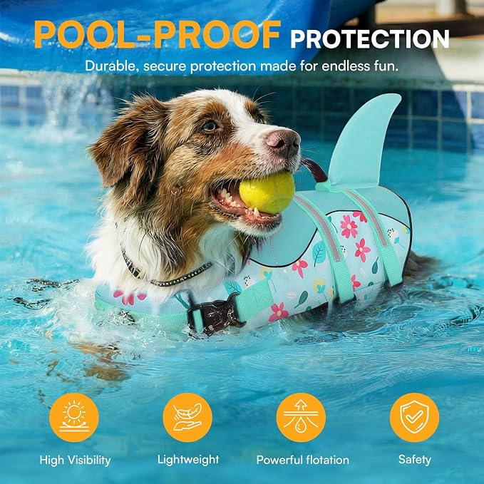 Dog Life Jacket, Dog Life Vest for Swimming, Doggie Shark Swimming Vest with Rescue Handle, Adjustable Reflective Pet Lifesaver Preserver for Small Dogs, Blue Flower XS