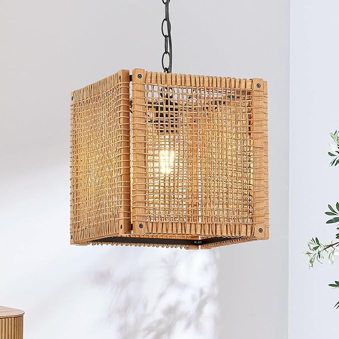 ELYONA 1-Light Rattan Pendant Light, 12" Square Solid Wood Frame Woven Pendant Light Fixtures Boho Adjustable Hanging Chandelier for Dining Room, Kitchen Island, Living Room, Bedroom, Bar, Hallway