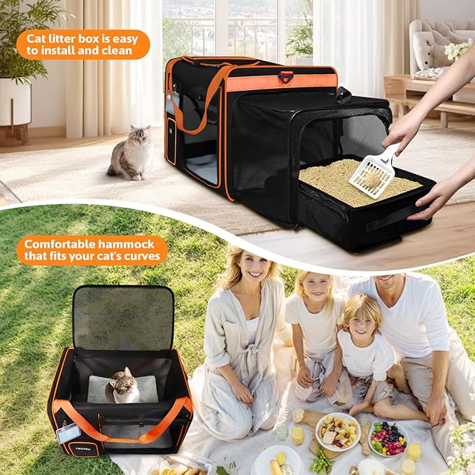 Petskd Side Expandable Extra Large Cat Carrier with Litter Box Area for Long Distance Car Travel,24"x17"x17" Collapsible Soft-Sided Large Pet Carrier with Zipper Locks for 2 Cats Under 55LBS(Black)