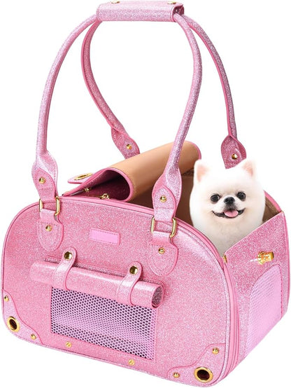 Dog Carrier Purse, Pet Carrier, Bling Waterproof Premium Leather Pet Travel Portable Bag Carrier for Cat and Small Dog Home & Outdoor Small Bling Pink