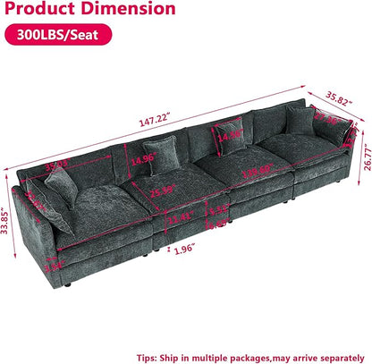 Aoowow Modular Sectional Sofa,147.2 Inch Deep 4-Seater Sofas Comfy Chenille Cloud Sofas and Couches with Pillows for Living Room Apartment（Grey）