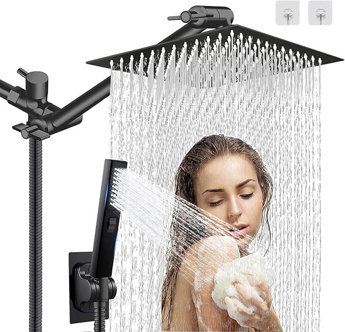 12" High Pressure Square Rain Shower Head and 2-in-1 Hand Shower, Rainfall