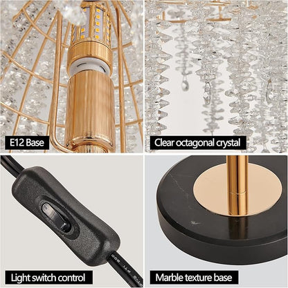 Vintage Style Floor Standing Lamp, Waterfall Design with Grape-Shaped Tall Gold Pole Light, Modern Dimmable Crystals Standing Lamps (Table Lamp-Gold+Iron-6)