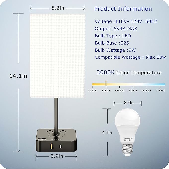 cozoo Bedside Table Lamp with 3 Levels Brightness,Dimmable Table Lamp with USB C+A Charging Ports,2 AC Outlets,Nightstand Lamp White Shade,Touch Bedroom Lamp for Living Read Work