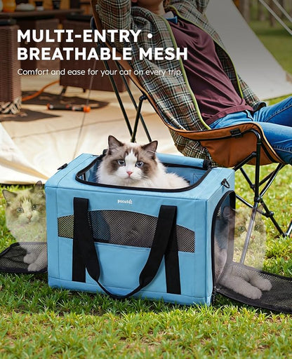 Pecute Cat Carrier Stable, Pet Carrier with Privacy Partition,Light Blue | Safe For Car Travel, Stable Steel Frame, Soft-Sided Pet Carrier Bag For Dogs And Cats Up To 15lbs, Foldable Design,XL.