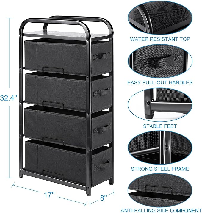 MAX Houser 4 Drawer Narrow Dresser Fabric Storage Tower Vertical Slim Storage