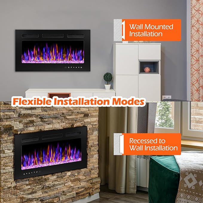 30" Electric Fireplace Wall Mounted and Recessed