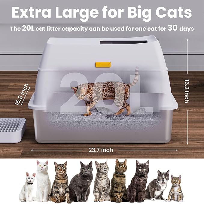 Stainless Steel Litter Box with Lid,Extra Large Enclosed Removable Cat Litter Boxes for Big Cats,Top Entry Metal Kitty Litter Box with Cover.Anti-Leakage,Easy Cleaning.Includes Scoop&Litter Mat-White