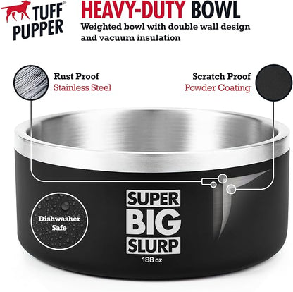 Tuff Pupper Heavy Duty Insulated Dog Bowl | Double Wall Stainless Steel Dog Food Dish | Non-Slip Spill Proof Dishwasher Safe Cat Bowl | Water Dish for Feeding Large Medium Small Pets (188oz, Black)
