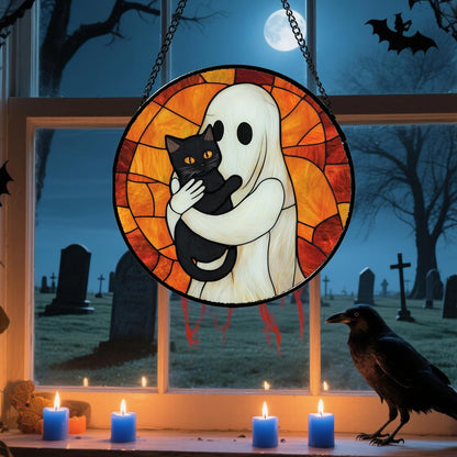 Stained Glass Window Hanging - Halloween Decorations White Ghost Black Cat Suncatcher for Doors Garden Spooky Funny Orange Sun Catchers Gothic Decor Horror Gifts for Women Men Friend 9.8 in