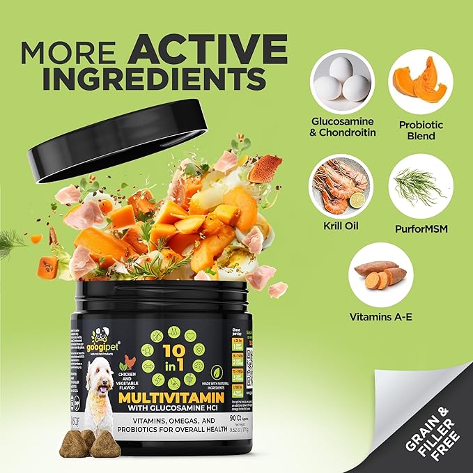 Googipet Premium 10 in 1 Dog Vitamins Multivitamin Chewable with Probiotics for Gut Health, Dog Vitamins and Supplements w/Vitamin C & Glucosamine for Joint Support (Chicken & Vegetable Flavor)