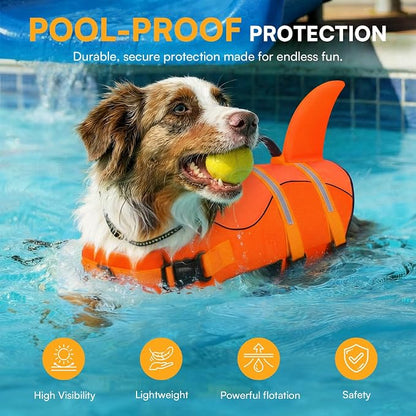 Dog Life Jacket, Dog Life Vest for Swimming, Medium Dogs Shark Swimming Safety Vest Adjustable Preserver with High Buoyancy, Pet Lifesaver for Medium Dogs, Orange M