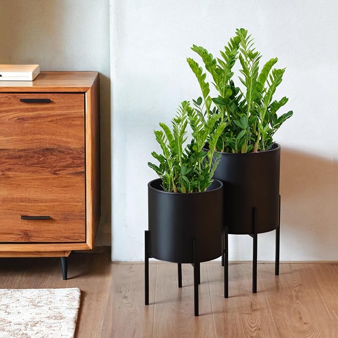 ARNIS Modern Plant Pots, Large Planters with Stand, Set of 2 Decorative Planters, Metal Plant Pots with Drainage Holes for Living Room, Office, Garden or Balcony, 10.5 &12.25 Inch, Black