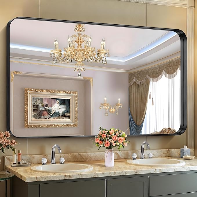CIRCUMI Black Bathroom Mirror, Rounded Corner, Tempered Glass, Large Mirror