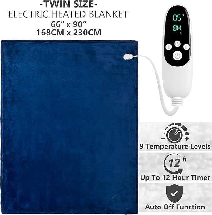 Heated Blanket Electric Luxurious Fleece Twin Blanket, 9 Heat Settings & 12H