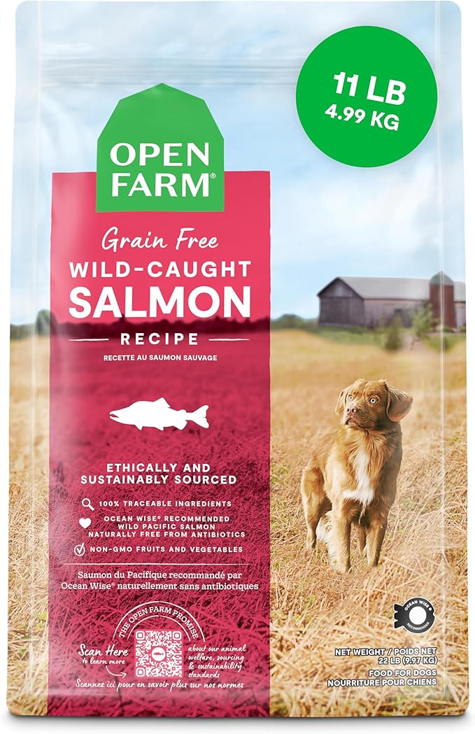 Open Farm, Grain-Free Dry Dog Food, Complete & Balanced Kibble, Sustainably & Ethically Sourced Ingredients, Non-GMO Veggies & Superfoods to Support Overall Health, Wild-Caught Salmon Recipe, 11lb Bag