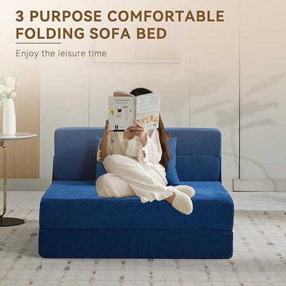 Folding Sofa Bed Convertible Floor Couch Foldable Chair Bed with Pillow，Linen Sleeper Chair Futon,Foldable Memory Foam Mattress for Bedroom/Living Room/Dorm/Office (Navy, Standard)