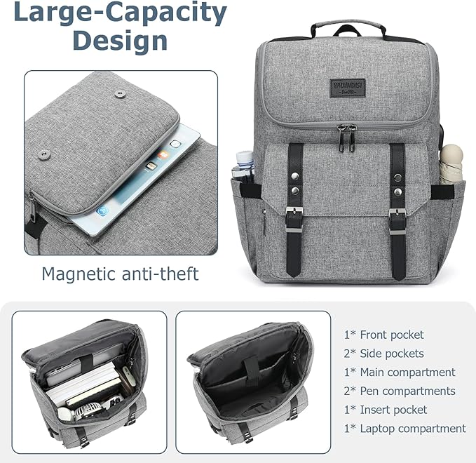 YALUNDISI Vintage Backpack Travel Laptop Backpack with usb Charging Port for Women & Men College Backpack Fits 15.6 Inch Laptop Grey Brown